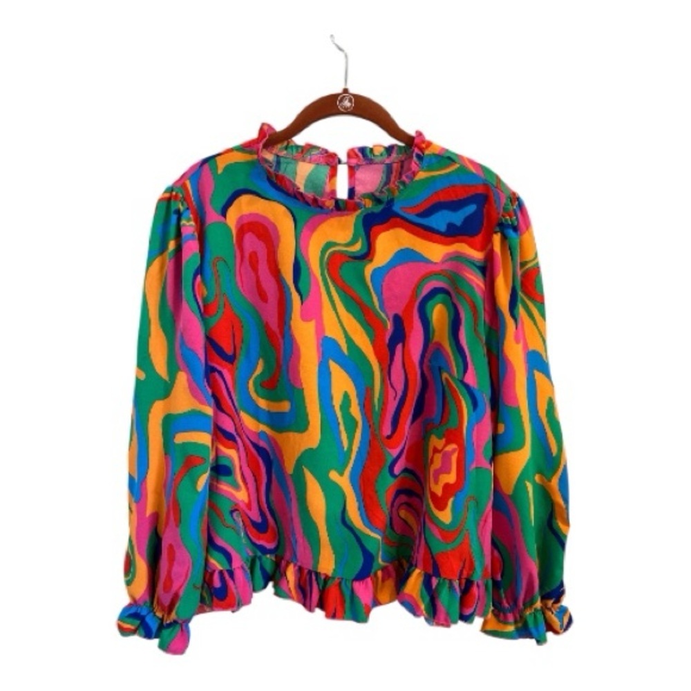 SHEIN Curve Psychedelic Swirl Ruffle Hem Long Sleeve Blouse 1XL